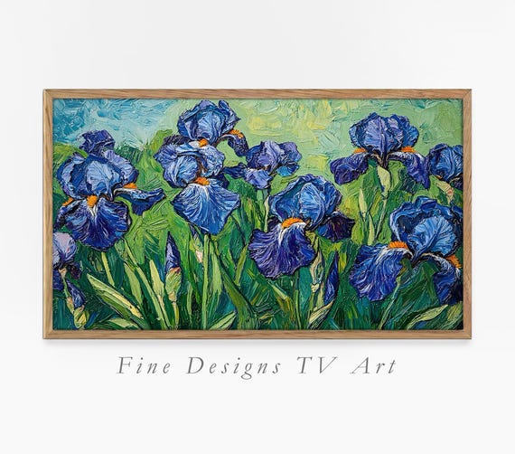 Frame Tv Art Impasto Blue Irises Bold Floral Spring Painting Vibrant Modern Art Impressionist Style