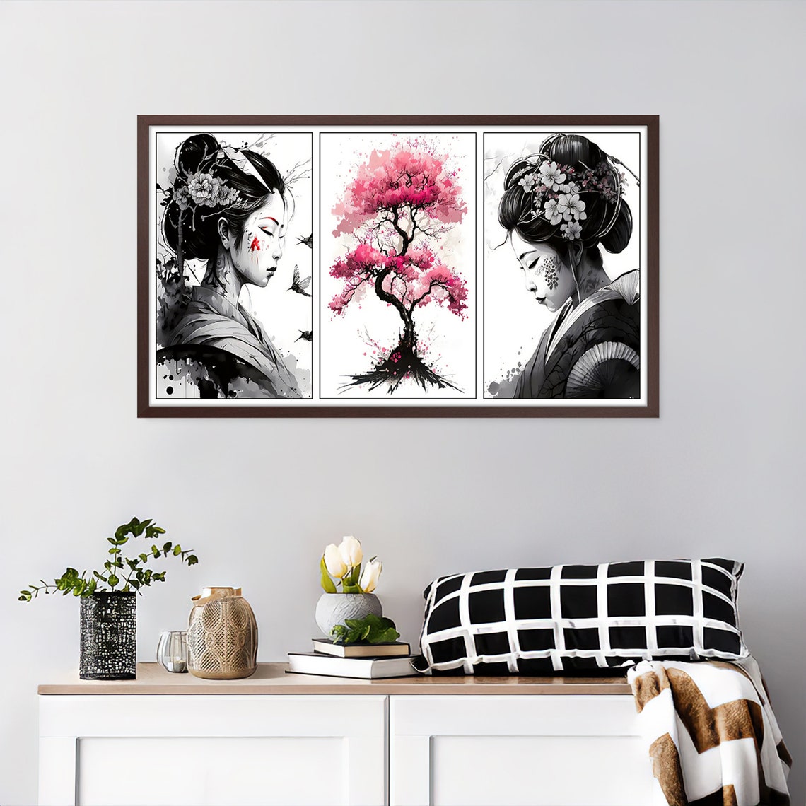 Japanese Geisha Cherry Blossom Triptych Black White Pink Art Poster - Image 4