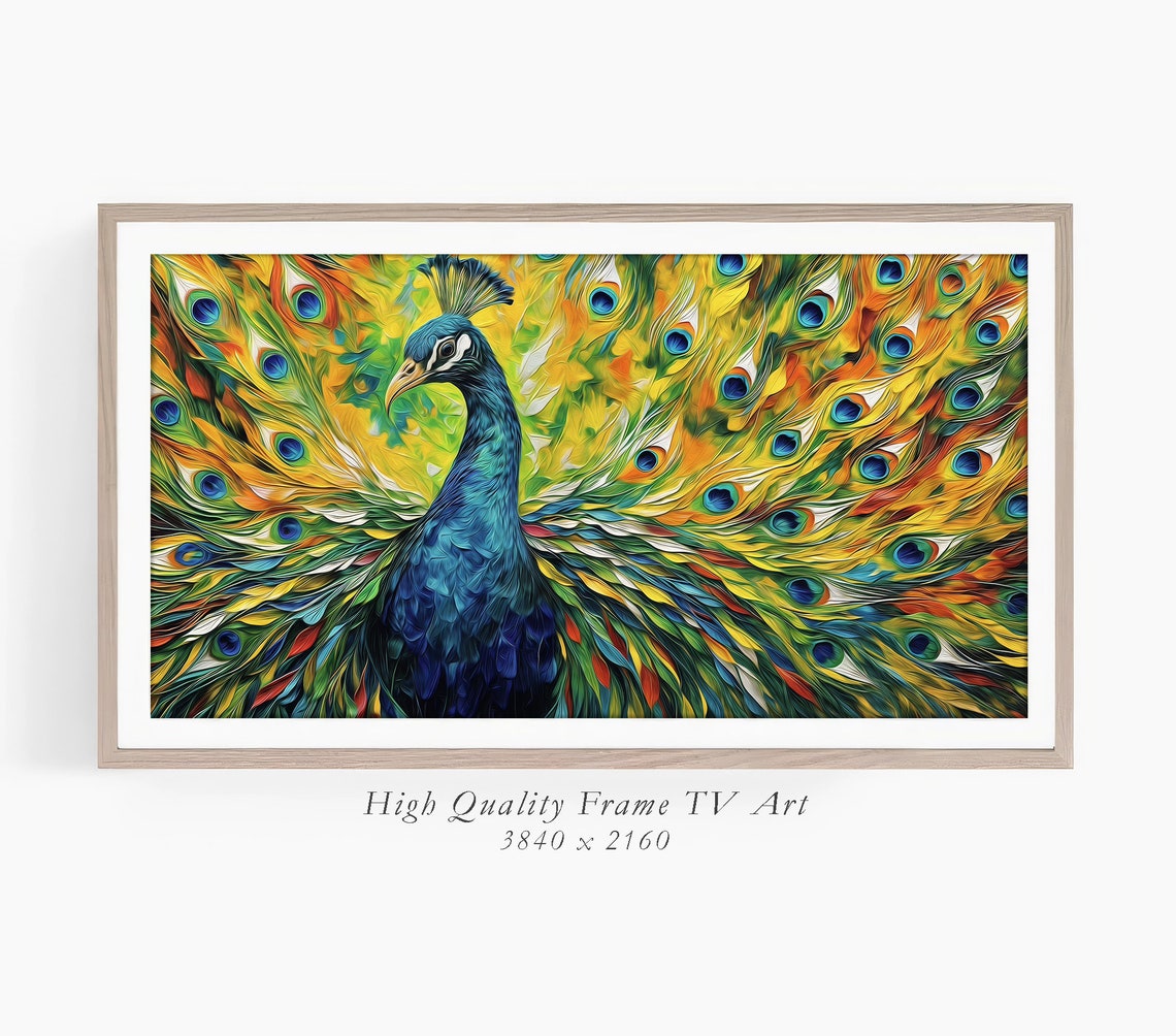 Vibrant Peacock Spread Tail Feathers Impasto Oil Wildlife Wall Art - Image 3