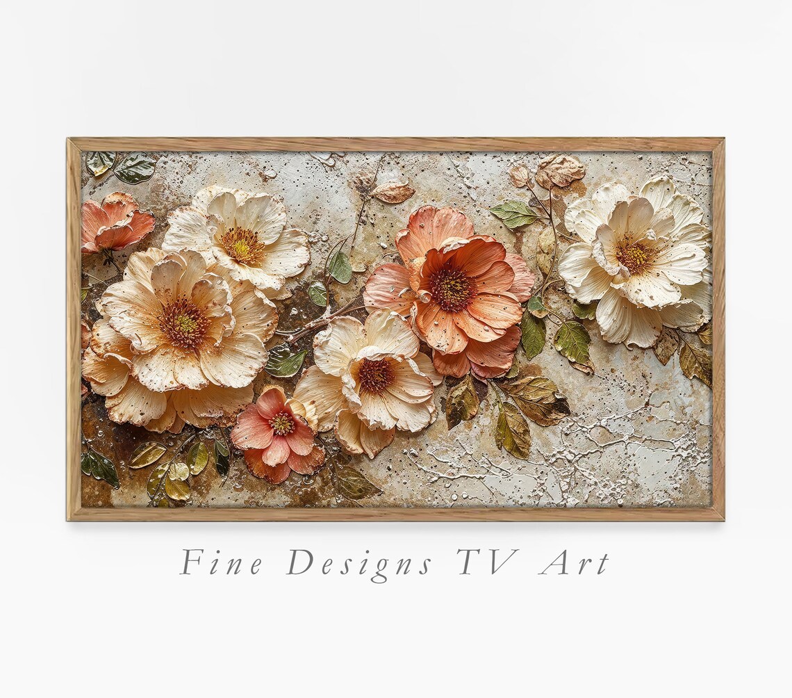 Coral Wildflowers Textured Beige Vintage Botanical Floral Art Print