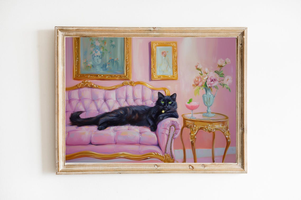 Black Cat Pink Sofa Mint Mojito Cozy French Salon Scene Art Print
