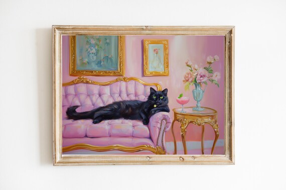 Black Cat Pink Sofa Mint Mojito Cozy French Salon Scene Art Print