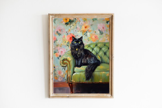 Black Cat With Green Eyes Quirky Portrait on Floral Art Print