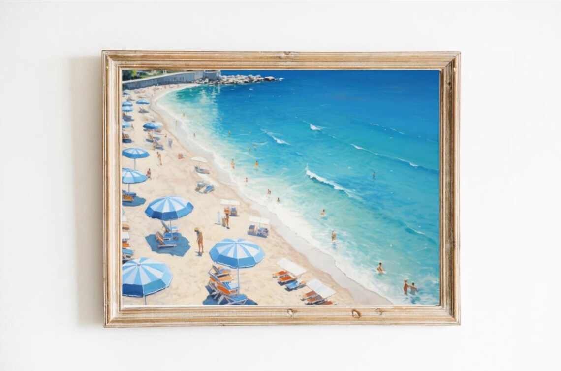 Sunny Beach With Blue Umbrellas Mediterranean Coast Oil Painting Poster