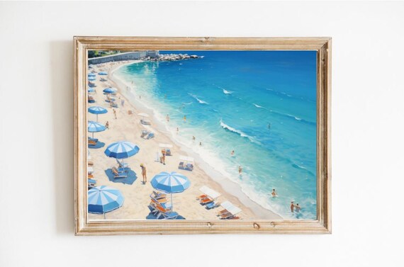 Sunny Beach With Blue Umbrellas Mediterranean Coast Oil Painting Poster