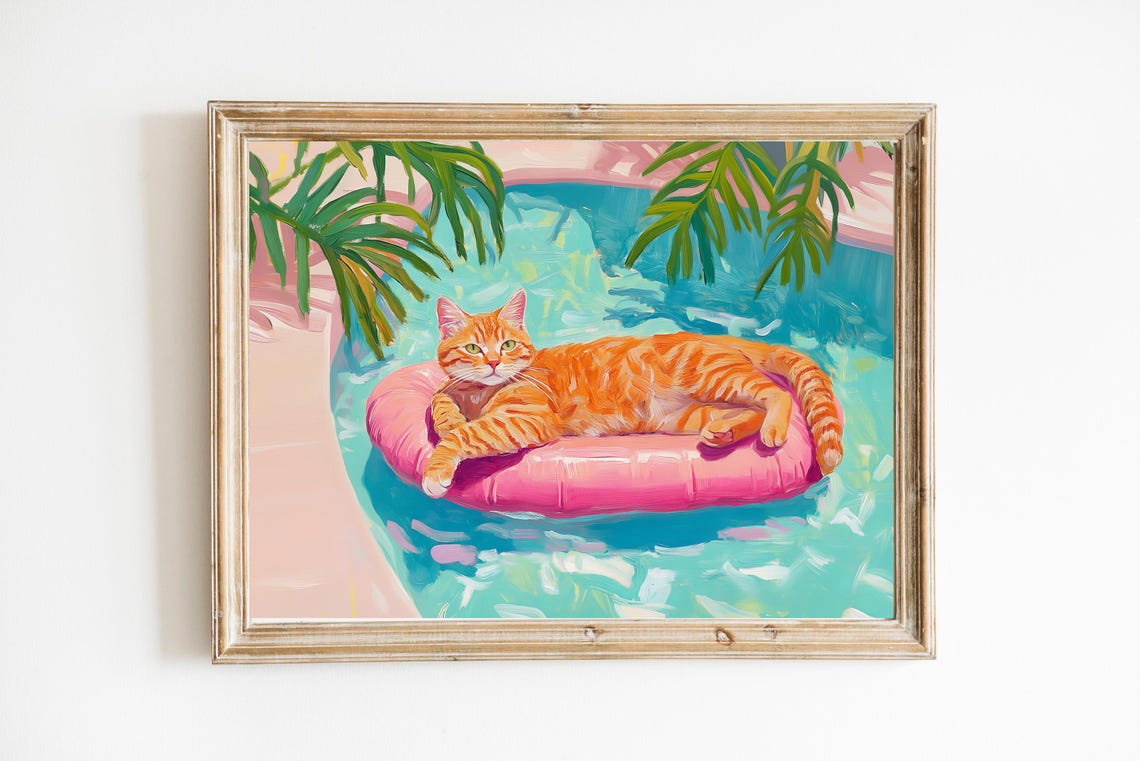 Ginger Cat Pink Pool Float Lazy Tropical Summer Day Art Print