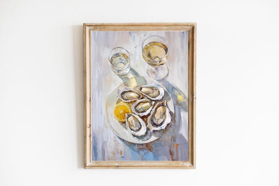 Oysters With Lemon And White Wine Bar Cart Art Print Cute Quirky Whimsical Cocktail Decor Trendy Home Wall Gift