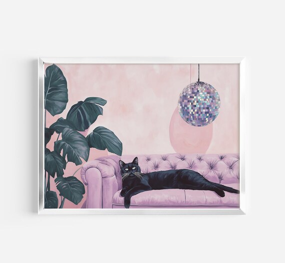 Black Cat on Pink Sofa Under Disco Ball Monstera Plant Art Poster