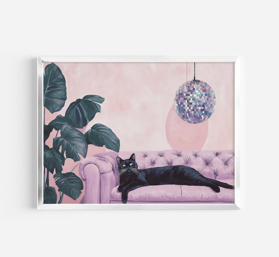 Black Cat With Disco Ball Art Print Cute Quirky Whimsical Cocktail Bar Cart Decor Fine Gift Trendy Home Wall
