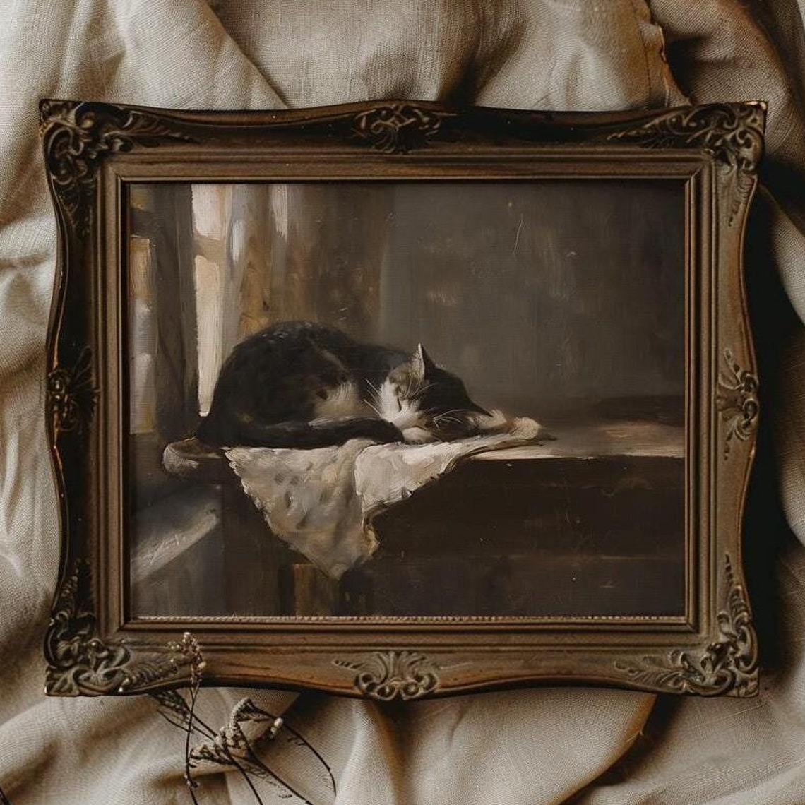 Sleeping Cat Curled Up on a Table in Moody Vintage Oil Painting Poster