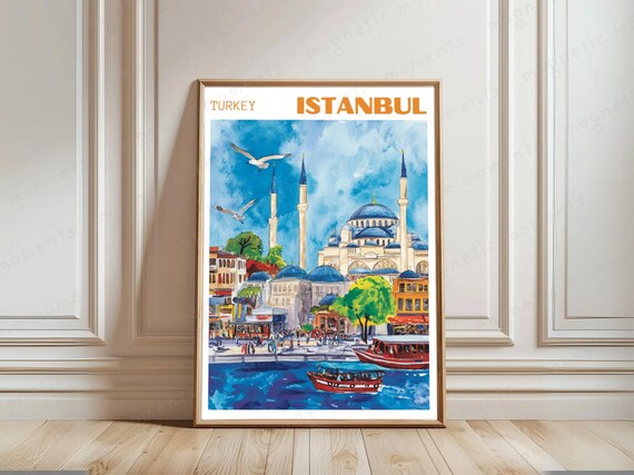 Istanbul Travel Poster Handdrawn Illustration Print Turkey Cityscape Art Vintage Wall European Asian Decor
