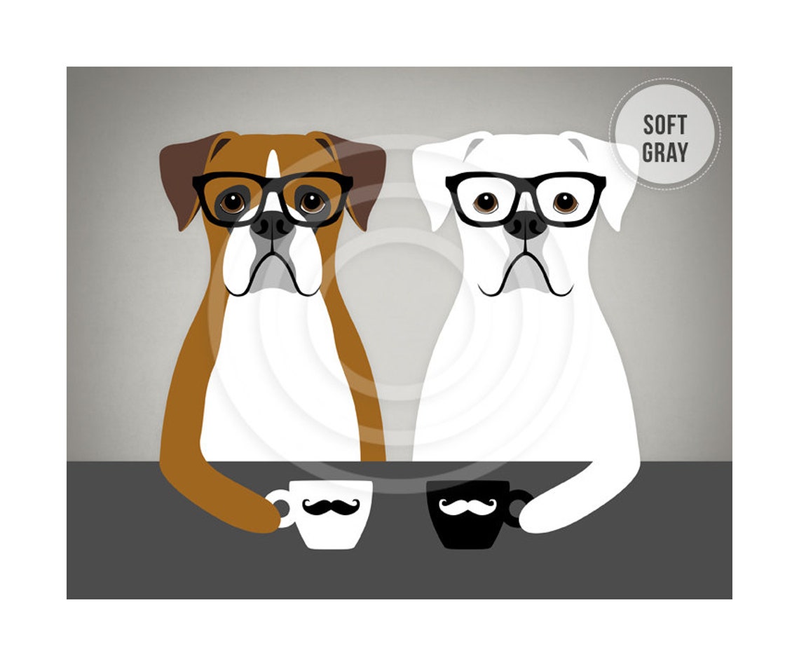 Two Hipster Boxer Dogs With Glasses Drinking Coffee Mugs Poster - Image 3