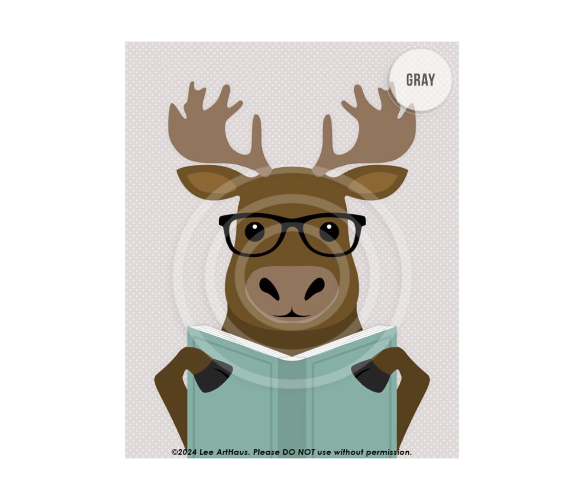 Cute Moose Reading Book With Glasses Aqua Woodland Animal Kids Room Poster - Image 5