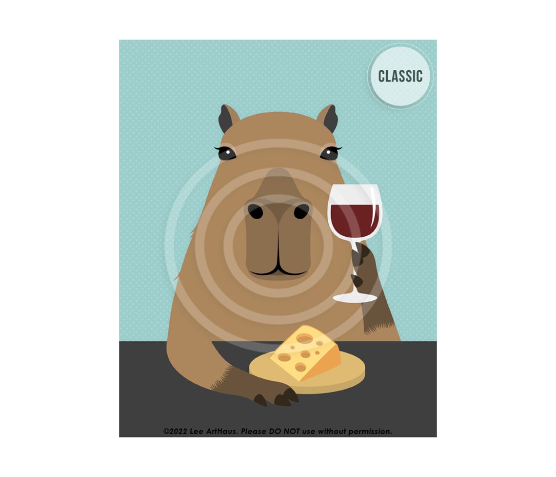 Capybara Holding Wine Glass With Cheese Wedge Funny Art Poster - Image 4