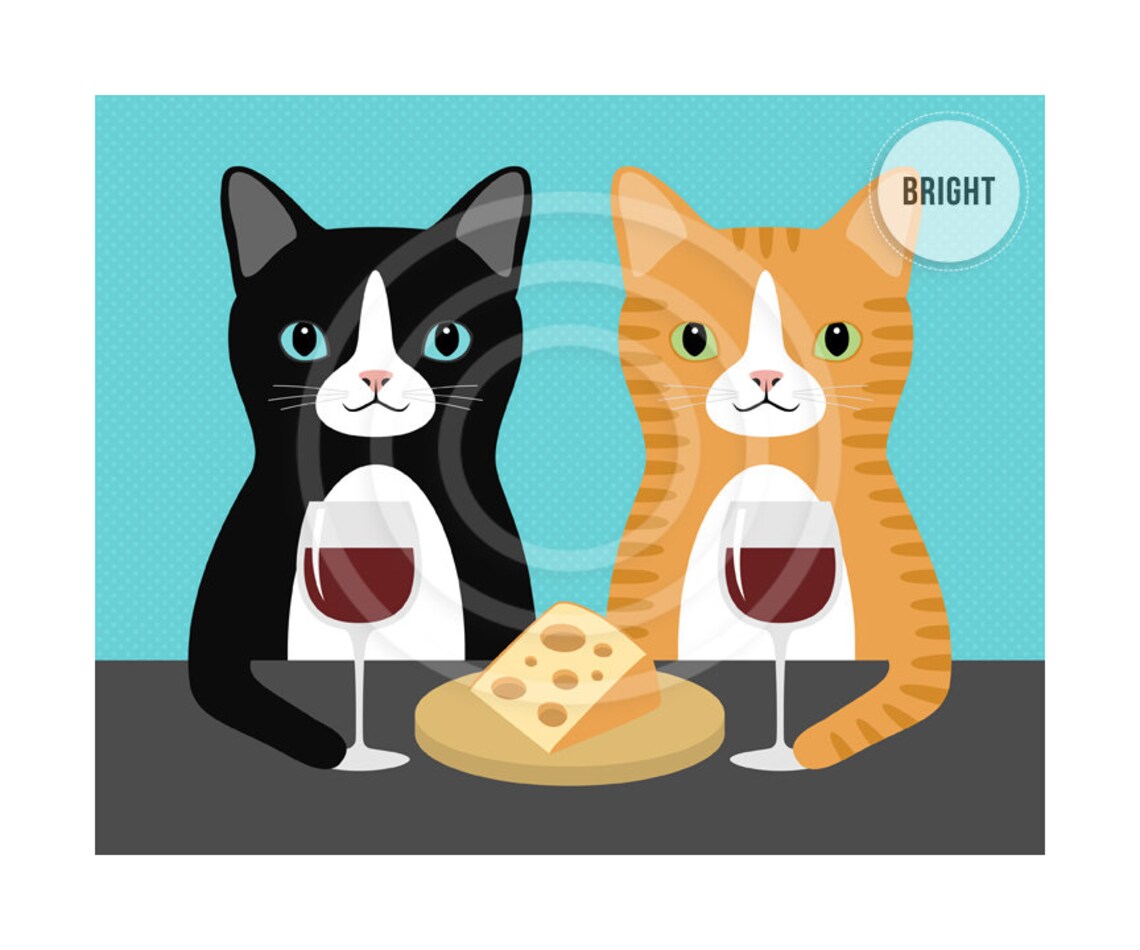 Two Cats Drinking Red Wine With Cheese Funny Cat Wine Decor Wall Art Poster - Image 2