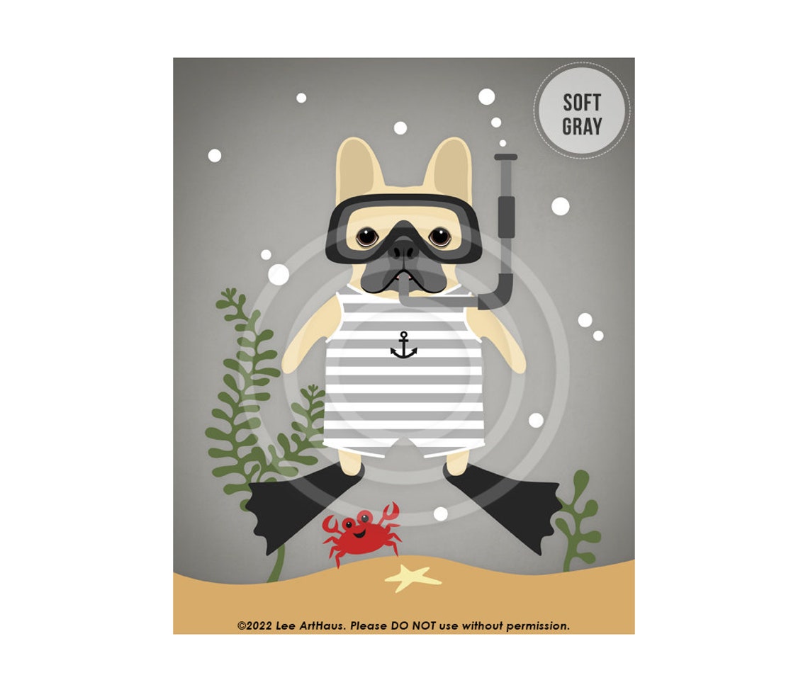 539dp French Bulldog Print Fawn French Bulldog Snorkeling In Green And White Swimsuit Wall Art Scuba Diving Dog Print Snorkel Print - Image 3