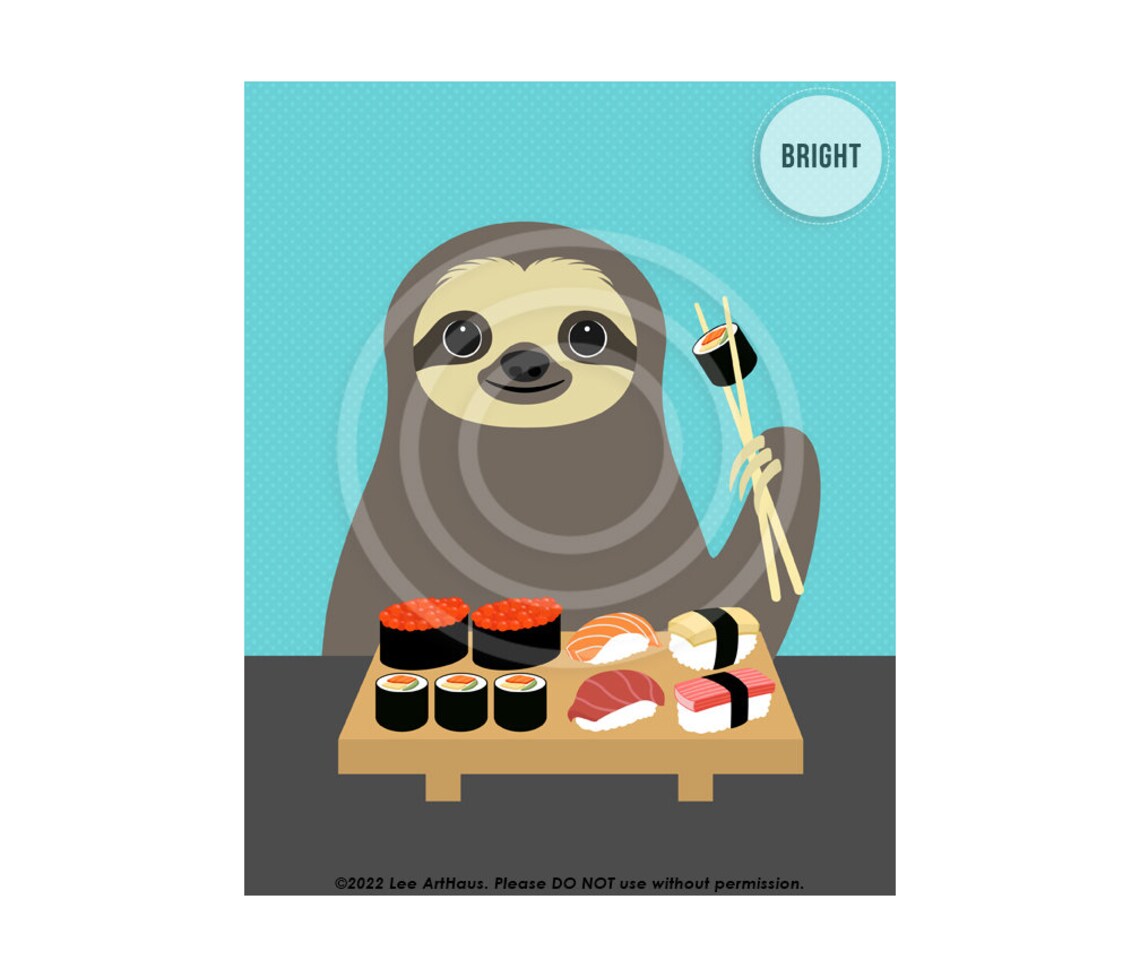 Cute Sloth Eating Sushi Platter Chopsticks Fun Kitchen Decor Wall Poster - Image 4