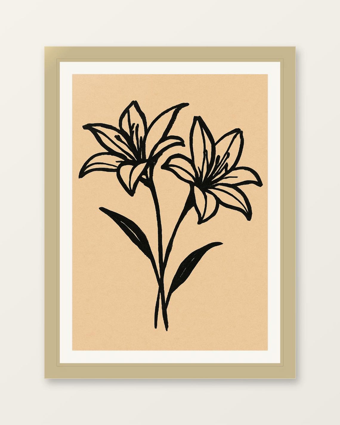 Minimalist Black Line Art Lilies Botanical Sketch Beige Poster