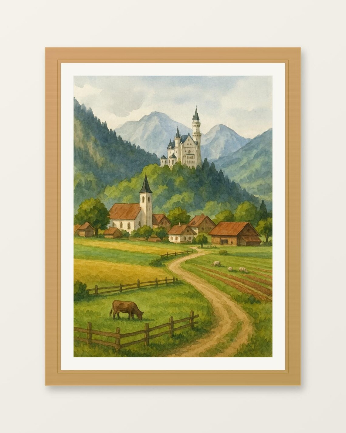 Bavarian Countryside Fairytale Castle Alpine Village Art Poster