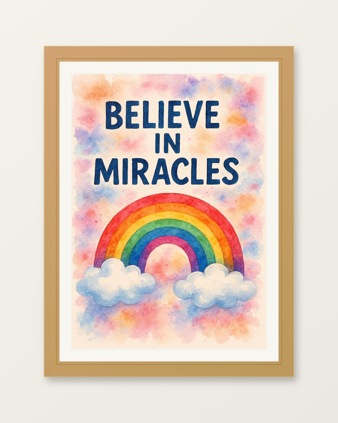 Believe In Miracles Watercolor Rainbow Clouds Nursery Kids Poster