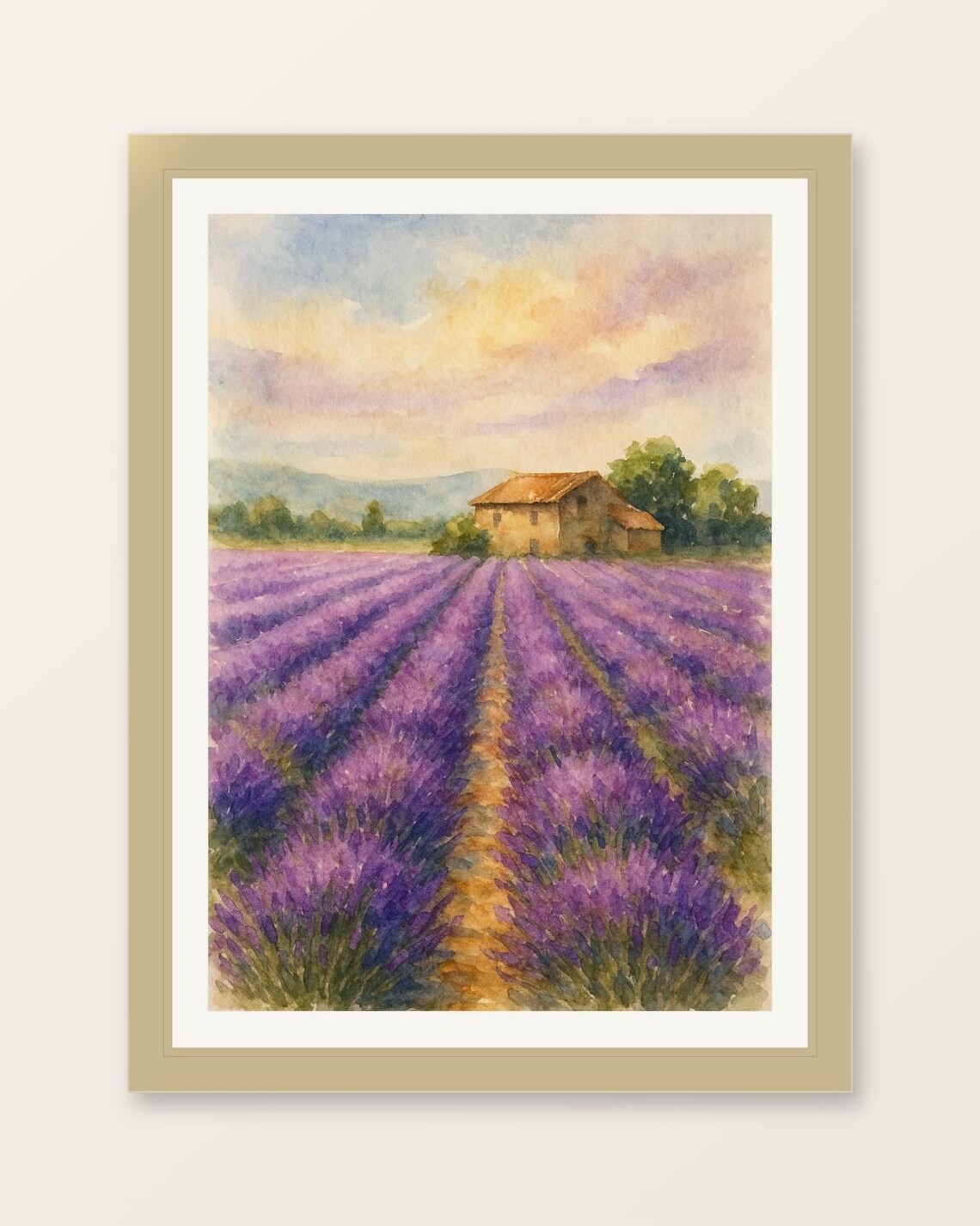Lavender Fields Provence France Farmhouse Watercolor Scenic Art Print