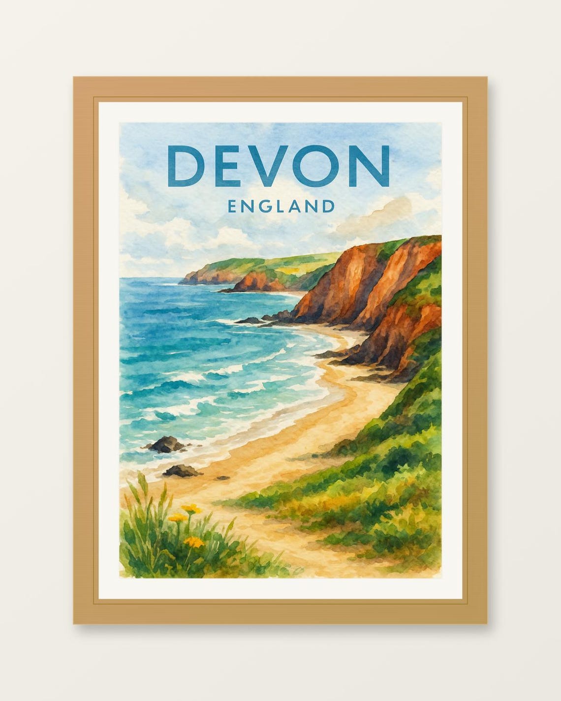 Devon England Red Cliffs Sandy Beach Watercolor Travel Poster