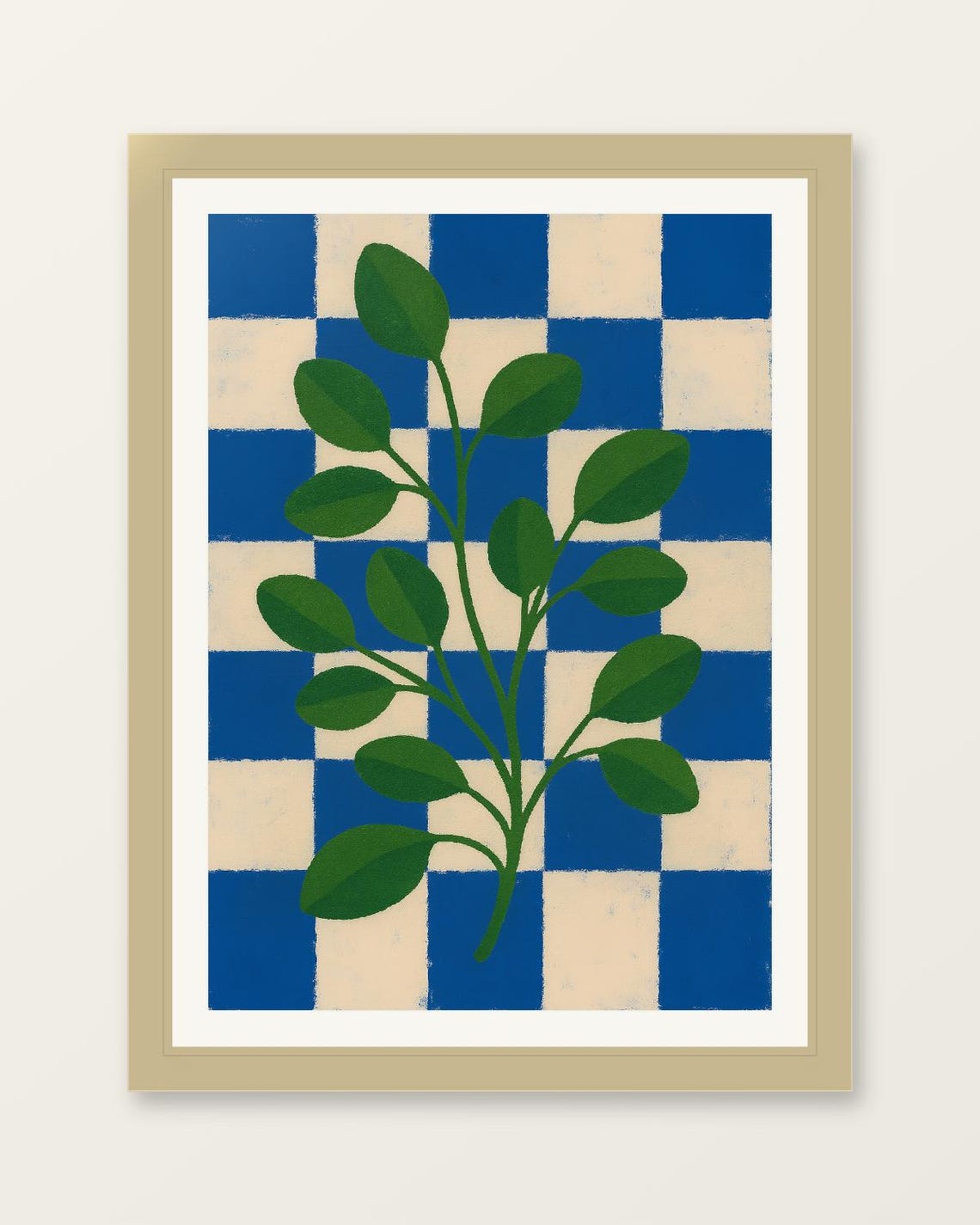 Eucalyptus Print Green Leaves On Blue Checkerboard Minimalist Botanical Art