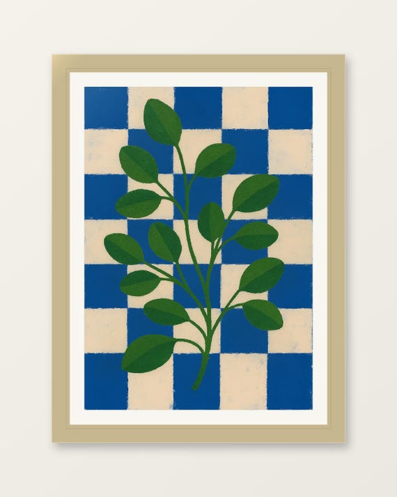 Eucalyptus Print Green Leaves On Blue Checkerboard Minimalist Botanical Art
