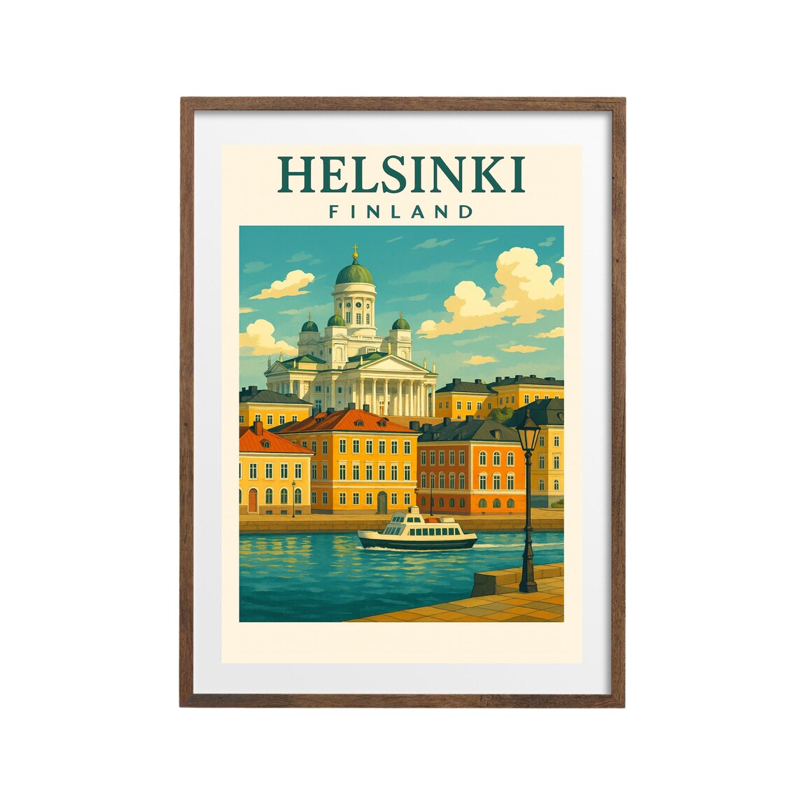 Helsinki Finland Vintage Travel Poster Cathedral Harbor Scene
