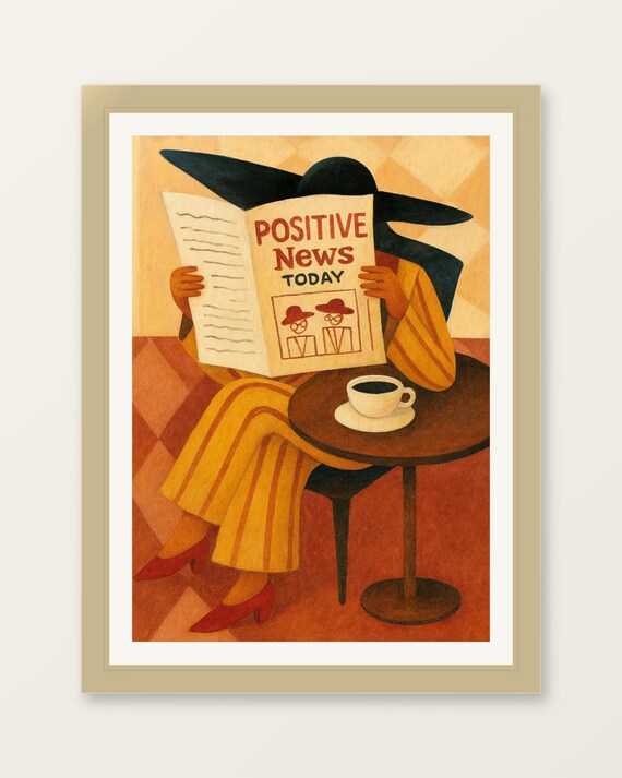 Positive News Today Woman Reading Newspaper Cafe Coffee Art Poster