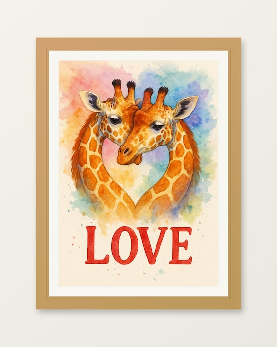 Sweet Love Heart Giraffe Pair Watercolor Animal Romance Poster