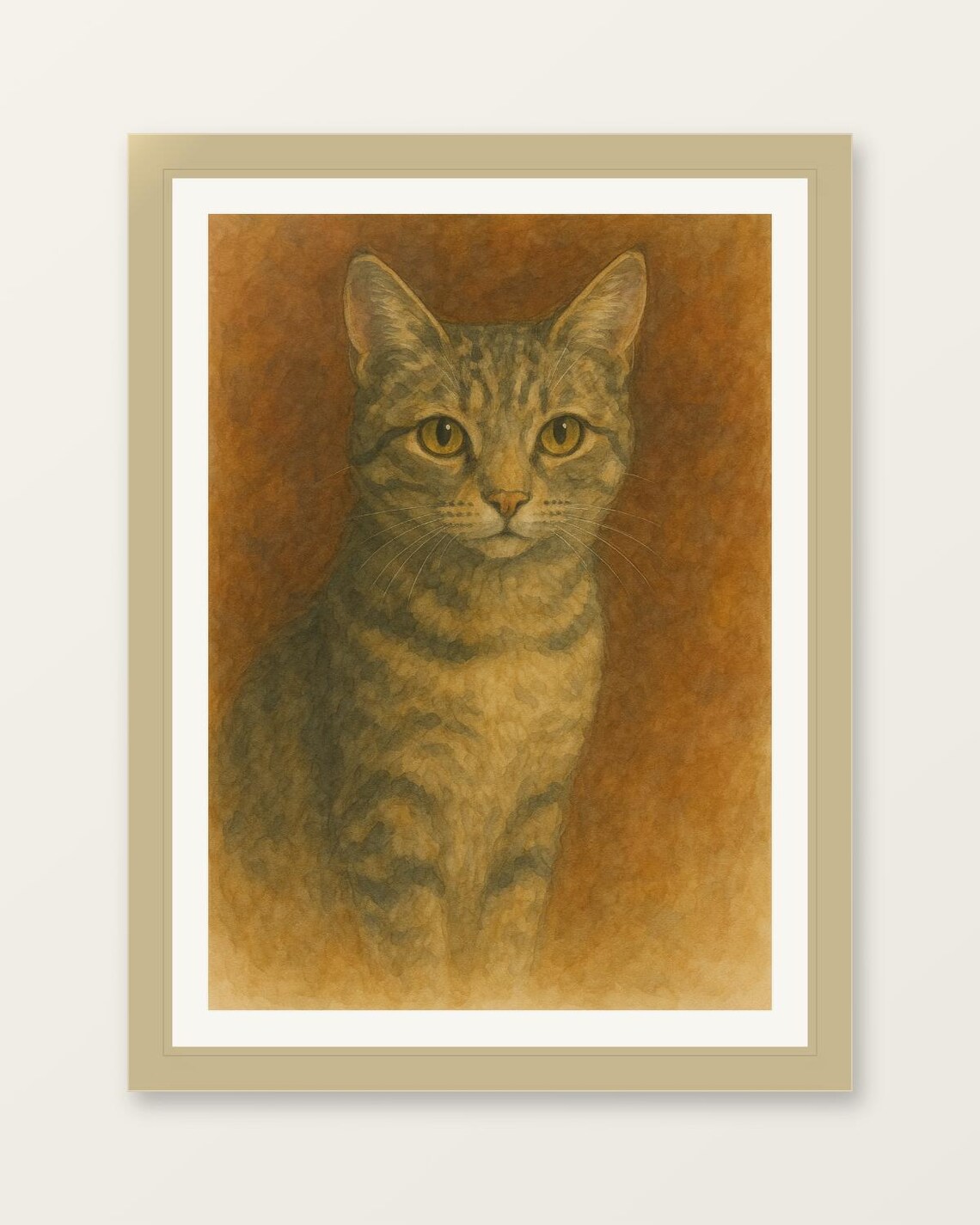 Tabby Cat Watercolor Rustic Feline Portrait Gentle Cozy Print