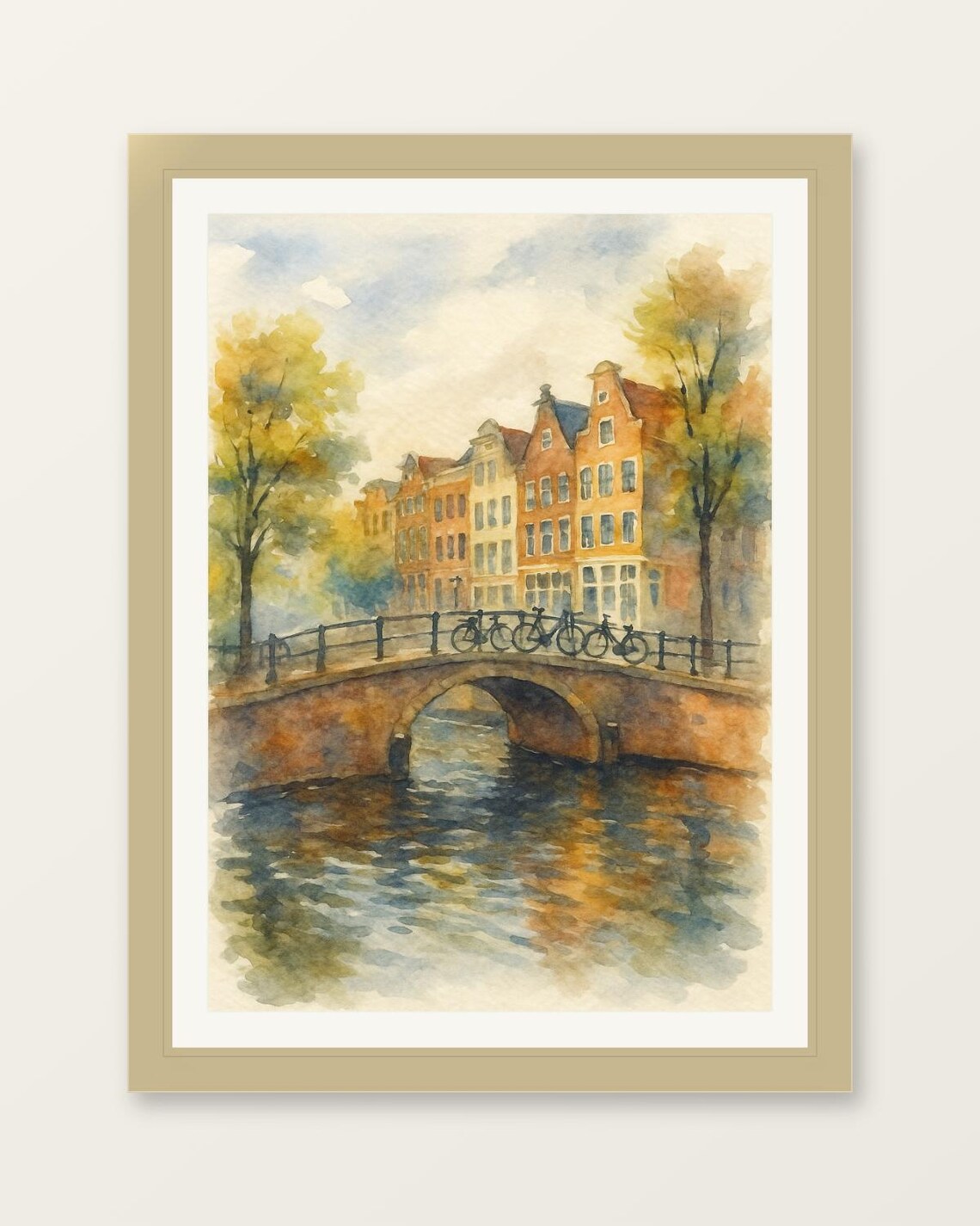Amsterdam Canal Bridge Bicycles Netherlands Watercolor Travel Poster