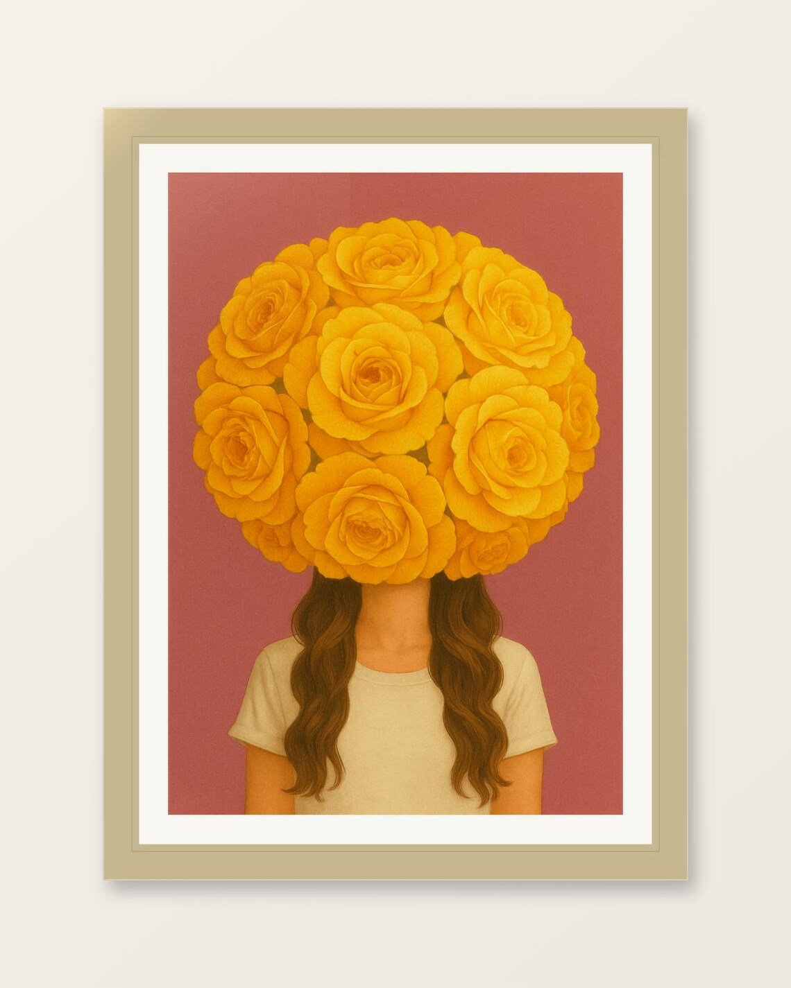 Woman With Yellow Roses Bouquet Surreal Floral Portrait Poster