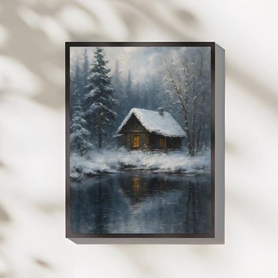 Snowy Lakeside Cabin At Dusk With Glowing Windows Winter Art Poster