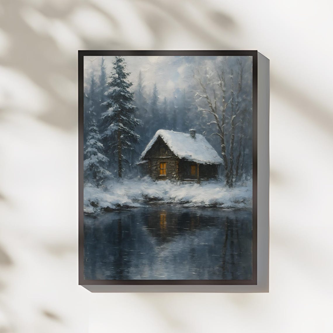 Snowy Lakeside Cabin At Dusk With Glowing Windows Winter Art Poster