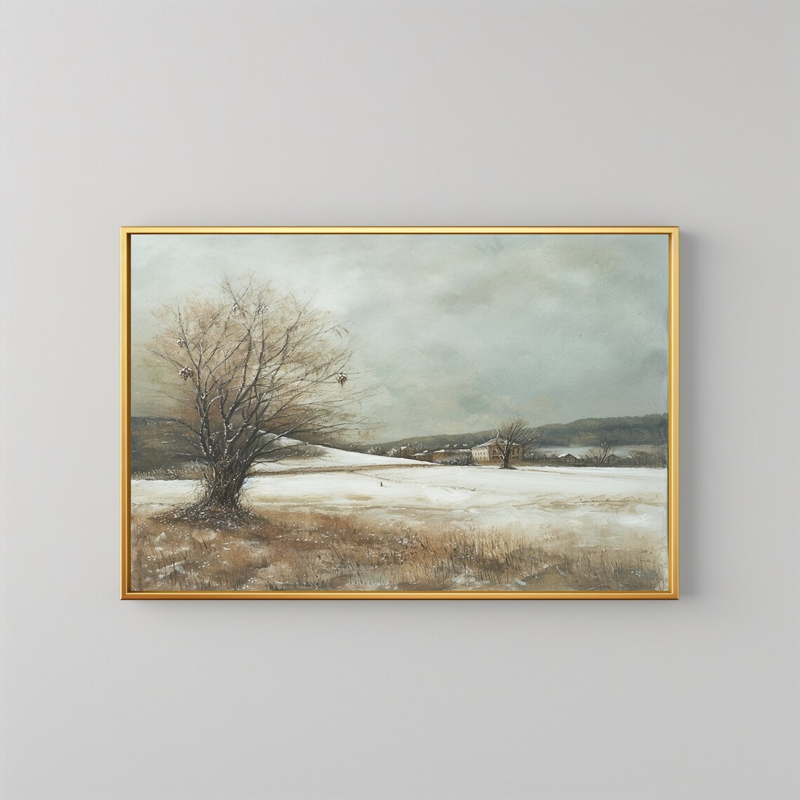 Snowy Winter Field Bare Tree Vintage Muted Landscape Painting Poster - Image 2