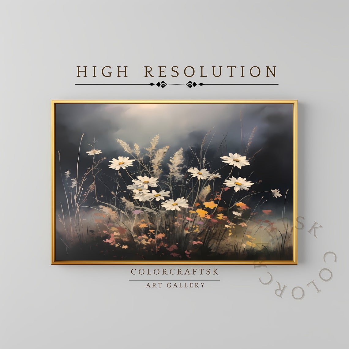 White Daisy Wildflowers Moody Dark Botanical Vintage Floral Art Print