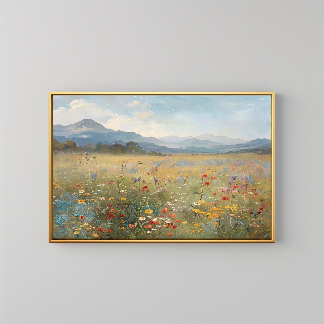 Wildflower Meadow Mountain View Summer Landscape Oil Painting Wall Art - Image 2