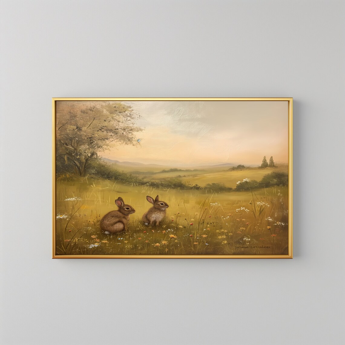 Two Rabbits Golden Meadow Sunset Vintage Countryside Wildlife Wall Art Poster - Image 2