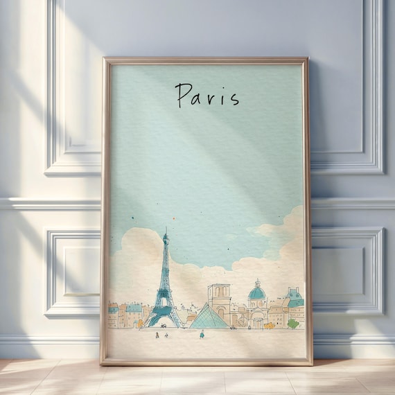 Paris Watercolor Sketch Poster With Eiffel Tower and Louvre Pyramid