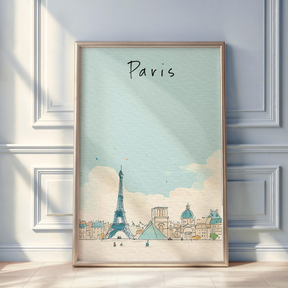 Paris Watercolor Sketch Poster With Eiffel Tower and Louvre Pyramid