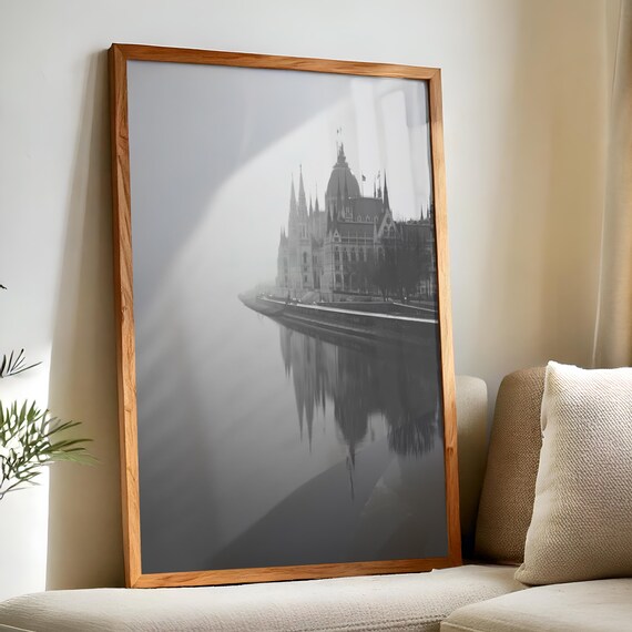 Budapest Parliament Black and White Photography Danube River Poster