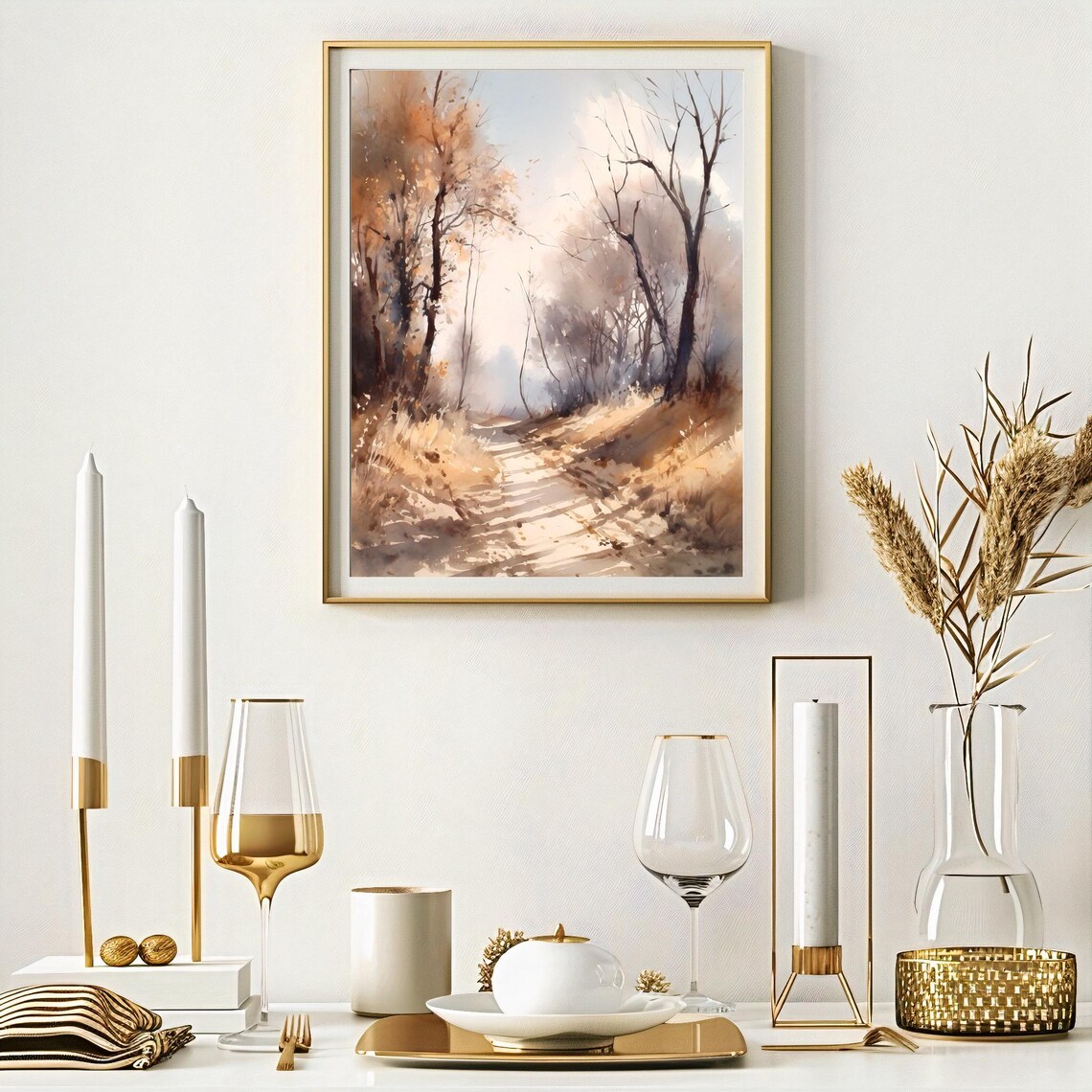 Sunlit Autumn Country Road Through Golden Trees Watercolor Nature Poster - Image 3