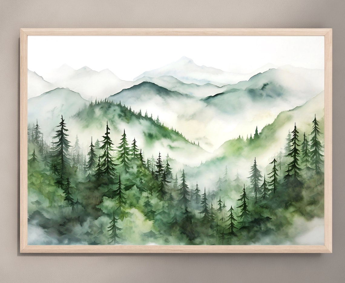 Misty Pine Forest Mountain Layers Panoramic Watercolor Wall Art - Image 2