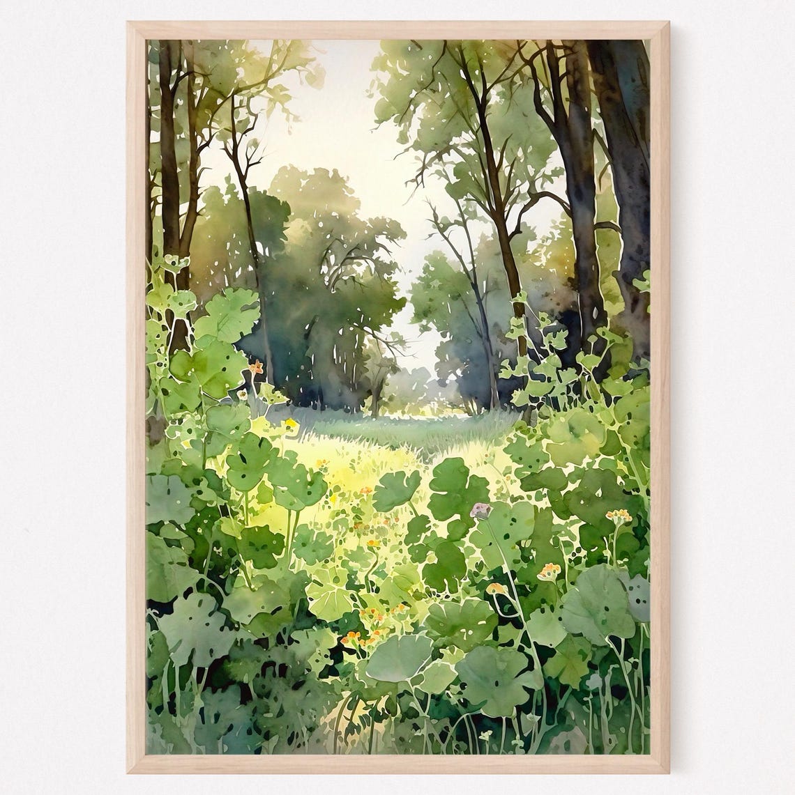 Green Meadow Clearing Sunlit Forest Trees Nature Watercolor Poster