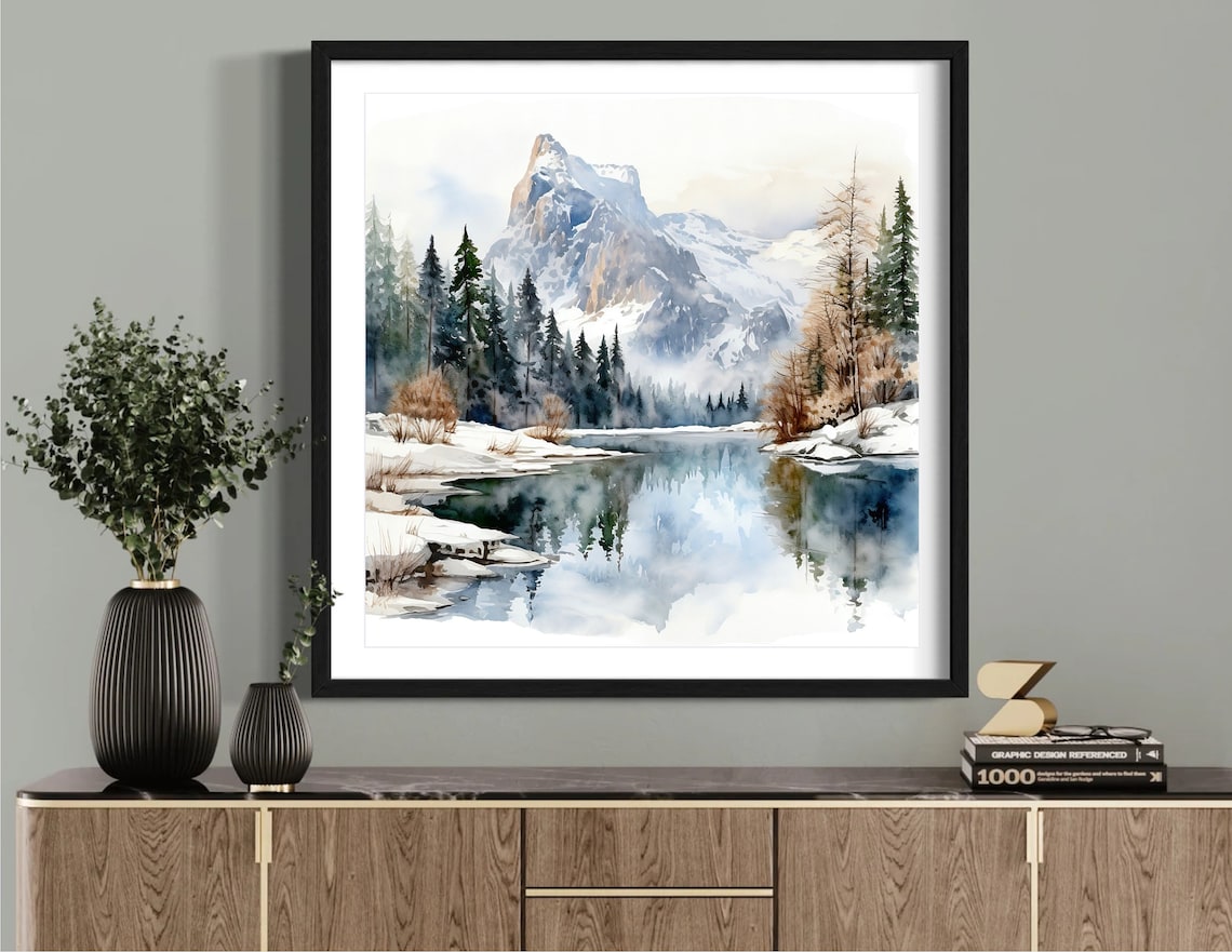 Snowy Mountain Peak Alpine Lake Perfect Reflection Watercolor Poster - Image 4
