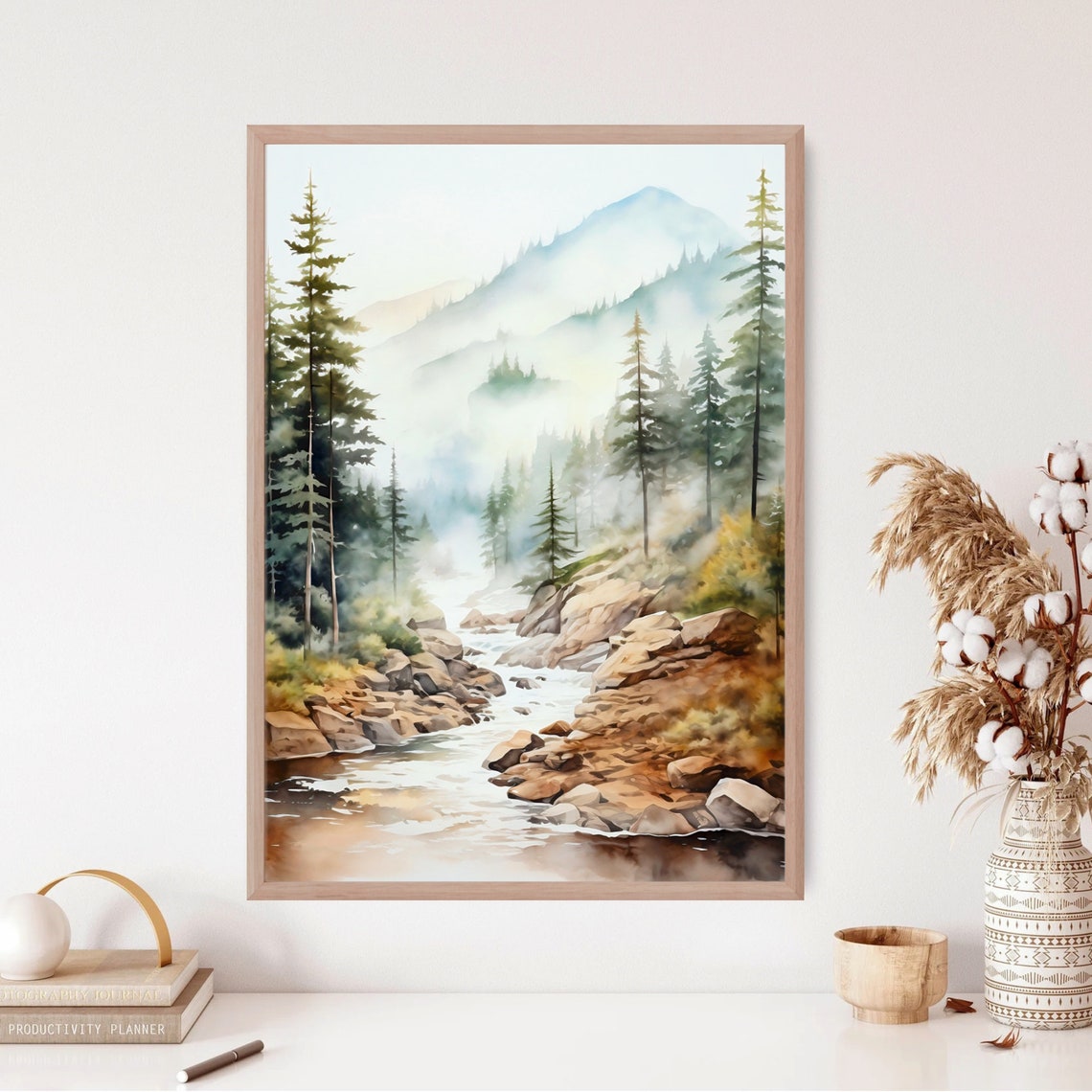 Misty Mountain Stream Watercolor with Pines and Soft Light Print - Image 2