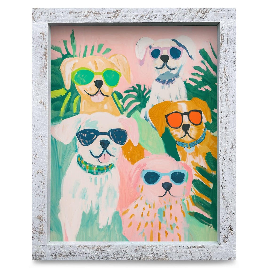 Five Happy Dogs Wearing Sunglasses at a Tropical Beach Poster