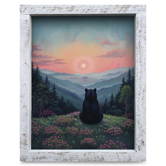Black Bear Watching Blue Ridge Sunrise Mountain Flowers Poster